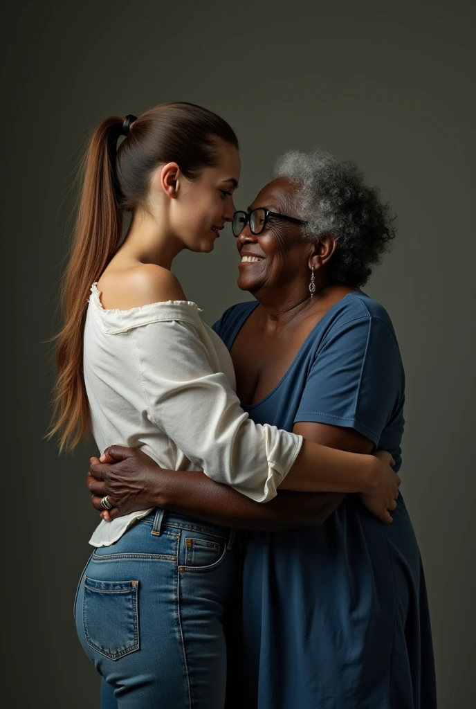Create a photo of a 30 year old young white woman, with a slender and beautiful body, with hoop earrings, wearing jeans and an open white shirt without a bra with bare breasts, with white and clear skin, with long light brown hair tied in a ponytail and being picked up and carried in the arms of a 90-year-old elderly black lady, obese woman who has dark black skin and is wearing a blue dress and glasses