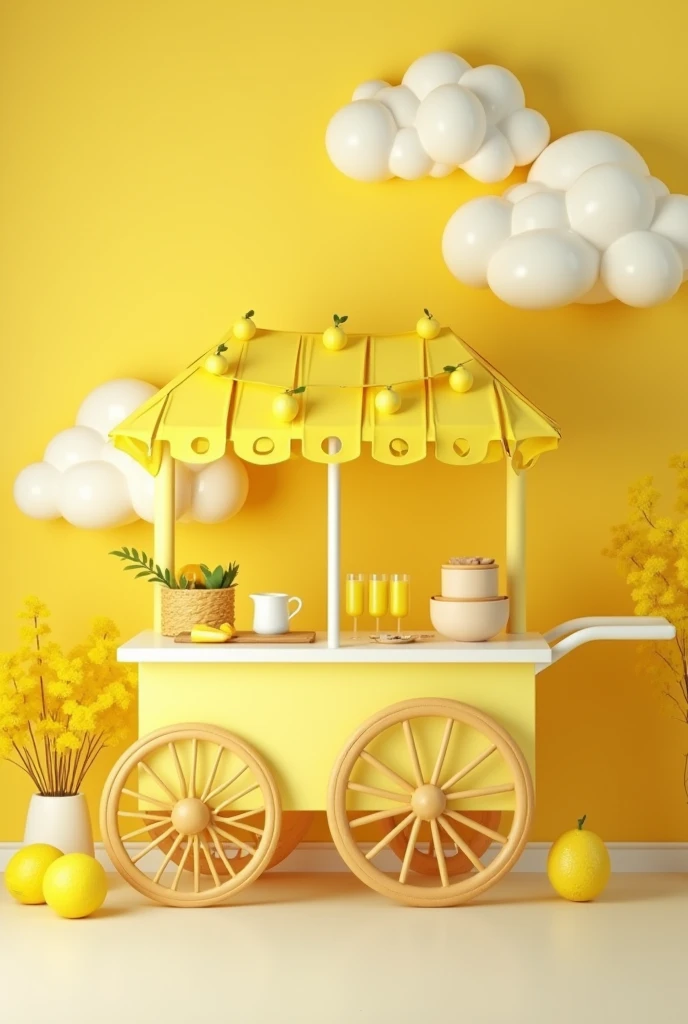 I want to create a photo scenario.  Closed location with photo backdrop for a children&#39;s clothing campaign. A wall with a very light baby yellow color, with a large lemonade cart with wheels and a lemon canopy and cloud decoration. lemonades