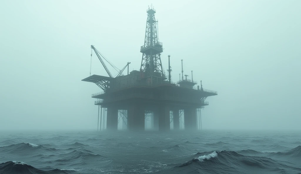 an abandoned oil platform in the middle of the ocean surrounded by fog