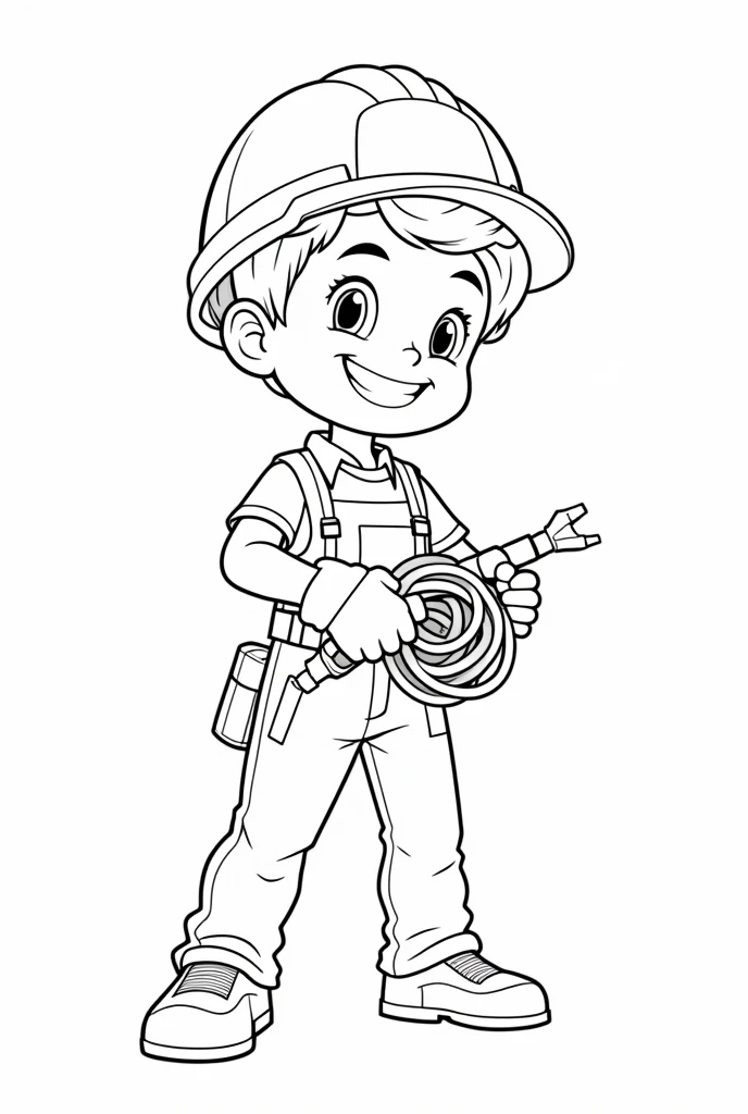 a boy electrician with safety gloves and helmet, holding electrical wires, cartoon style character, highly detailed facial features, art coloring book, no background, ready to color, black and white outlining