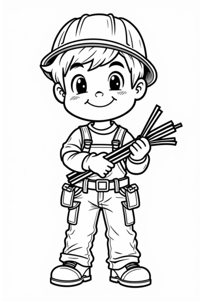 a boy electrician with safety gloves and helmet, holding electrical wires, cartoon style character, highly detailed facial features, art coloring book, no background, ready to color, black and white outlining