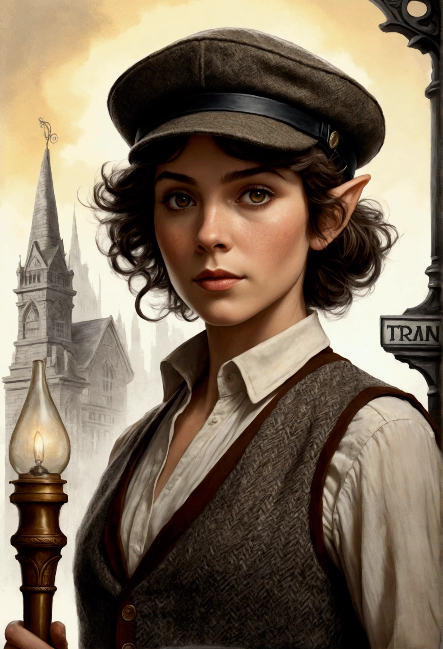 An illustrated movie poster, hand-drawn, full color, an elven maiden, wearing a tweed vest and a newsie cap, tall, toned, amazonian stature, athletic hourglass figure, long pointy elf ears, amber eyes, dark hair, shaggy bob cut, deep sun-tanned skintone, freckles, standing on a foggy Victorian-era street corner, graphite shading, stencil marks, airbrushed acrylic paint, masterpiece, in the style of Sherlock Holmes, elf ears