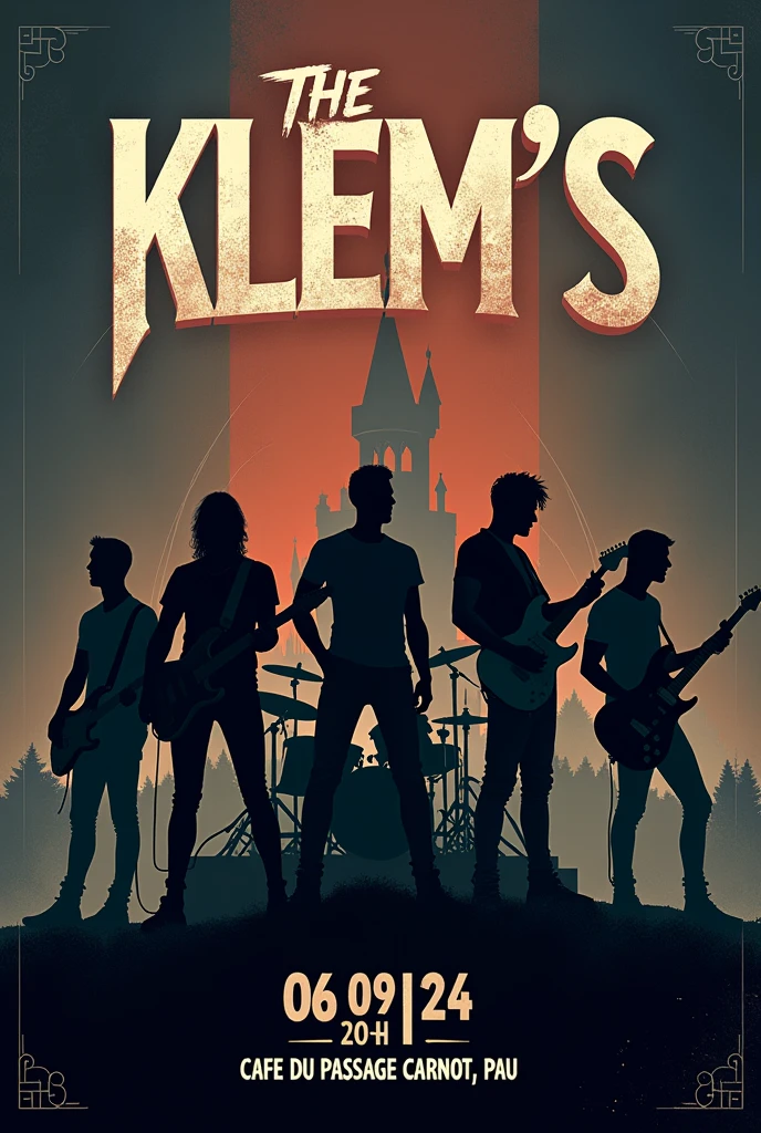 Créer une affiche moderne pour un concert ombre d’un chanteur, un drummer, un bassiste, deux guitaristes. dans un style rock réaliste château Henri 4.  pour le band « The Klem’s ». Date le 06/09/24 à 20h au café du passage Carnot à Pau.