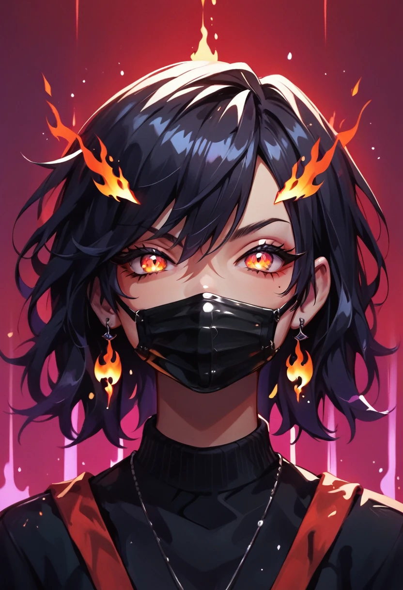 A character with an imposing and energetic appearance, wrapped in intense flames of vibrant colors ranging from orange to purple, creating a feeling of overwhelming power. His hair is white and messy, contrasting with a black mask covering his eyes, giving it an enigmatic and dangerous air. The character wears a dark tunic tied with a ribbon., while his body seems to emanate a fiery energy that distorts into chaotic patterns around him. The lines of fire and energy blend with your figure, highlighting his control over immense forces. The art style is colorful and dynamic, with thick strokes and fluid movements that convey a sense of action and supernatural power