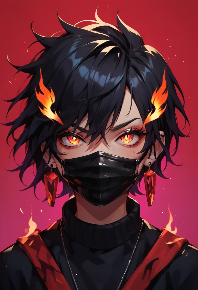 A character with an imposing and energetic appearance, wrapped in intense flames of vibrant colors ranging from orange to purple, creating a feeling of overwhelming power. His hair is white and messy, contrasting with a black mask covering his eyes, giving it an enigmatic and dangerous air. The character wears a dark tunic tied with a ribbon., while his body seems to emanate a fiery energy that distorts into chaotic patterns around him. The lines of fire and energy blend with your figure, highlighting his control over immense forces. The art style is colorful and dynamic, with thick strokes and fluid movements that convey a sense of action and supernatural power