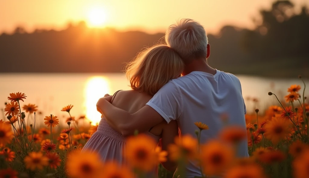 Um couple de idosos, one man and one woman, Traditional romance, surrounded by flowers, friendship, resting his head on the shoulder of , Tenderness, best friends, heartwarming, hugs, sitting in front of a lake with the sun rising in the background, hugging, next, Beautiful photo, inspirational, precious moments, couple, hug, romantic couple, touching