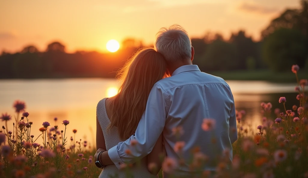 Um couple de idosos, one man and one woman, Traditional romance, surrounded by flowers, friendship, resting his head on the shoulder of , Tenderness, best friends, heartwarming, hugs, sitting in front of a lake with the sun rising in the background, hugging, next, Beautiful photo, inspirational, precious moments, couple, hug, romantic couple, touching