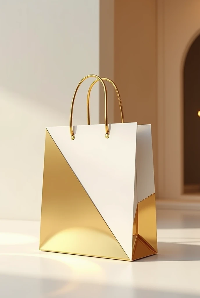 Create an image of a gleaming shopping bag in golden, white and beige tones, symbolizing craftsmanship and innovation. The shoping bag should be prominently featured against a minimalistic background, conveying a sense of anticipation and excitement. Include subtle hints of a shop or storefront in the background to suggest that we will soon be opening a store. Overall, the image should evoke a feeling of quality and readiness, inviting our audience to look forward to our upcoming launch