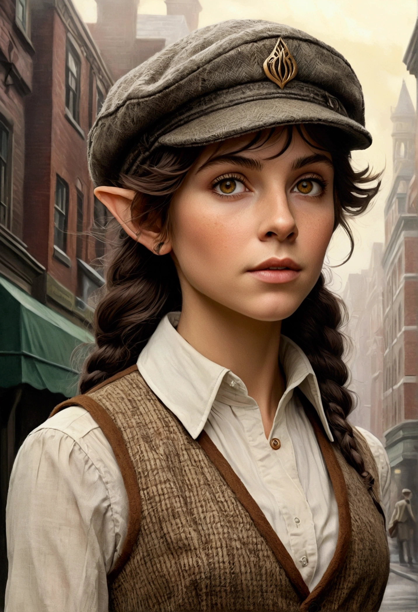An illustrated movie poster, hand-drawn, full color, an elven maiden, wearing a tweed vest and a newsie cap, tall, toned, amazonian stature, athletic hourglass figure, long pointy elf ears, amber eyes, dark hair, shaggy bob cut, deep sun-tanned skintone, freckles, standing on a foggy Victorian-era street corner, graphite shading, stencil marks, airbrushed acrylic paint, masterpiece, in the style of Sherlock Holmes, elf ears