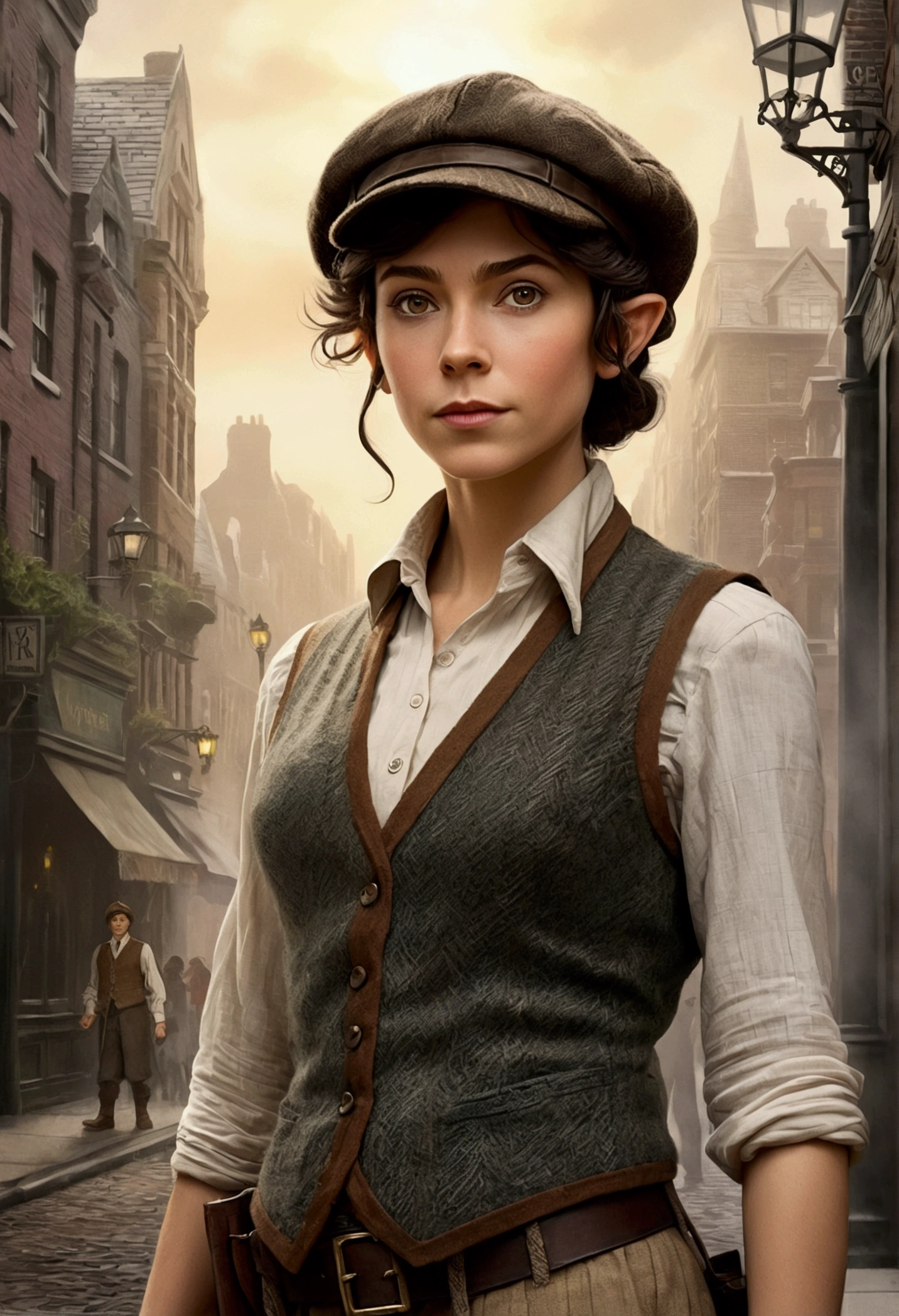An illustrated movie poster, hand-drawn, full color, an elven maiden, wearing a tweed vest and a newsie cap, tall, toned, amazonian stature, athletic hourglass figure, long pointy elf ears, amber eyes, dark hair, shaggy bob cut, deep sun-tanned skintone, freckles, standing on a foggy Victorian-era street corner, graphite shading, stencil marks, airbrushed acrylic paint, masterpiece, in the style of Sherlock Holmes, elf ears