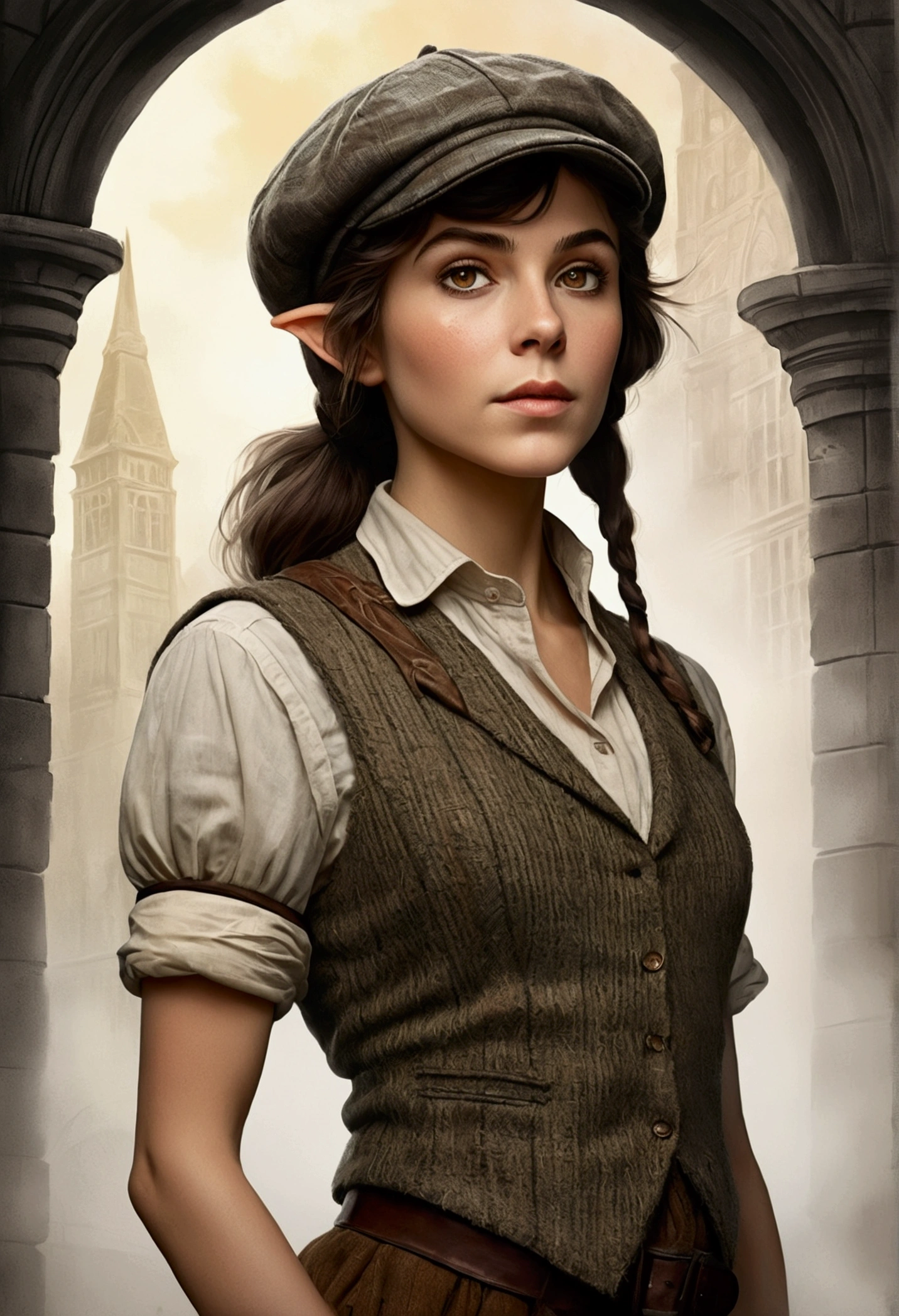 An illustrated movie poster, hand-drawn, full color, an elven maiden, wearing a tweed vest and a newsie cap, tall, toned, amazonian stature, athletic hourglass figure, long pointy elf ears, amber eyes, dark hair, shaggy bob cut, deep sun-tanned skintone, freckles, standing on a foggy Victorian-era street corner, graphite shading, stencil marks, airbrushed acrylic paint, masterpiece, in the style of Sherlock Holmes, elf ears