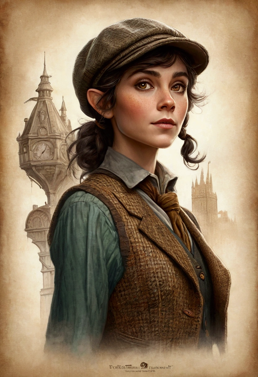 An illustrated movie poster, hand-drawn, full color, an elven maiden, wearing a tweed vest and a newsie cap, tall, toned, amazonian stature, athletic hourglass figure, long pointy elf ears, amber eyes, dark hair, shaggy bob cut, deep sun-tanned skintone, freckles, standing on a foggy Victorian-era street corner, graphite shading, stencil marks, airbrushed acrylic paint, masterpiece, in the style of Sherlock Holmes, elf ears
