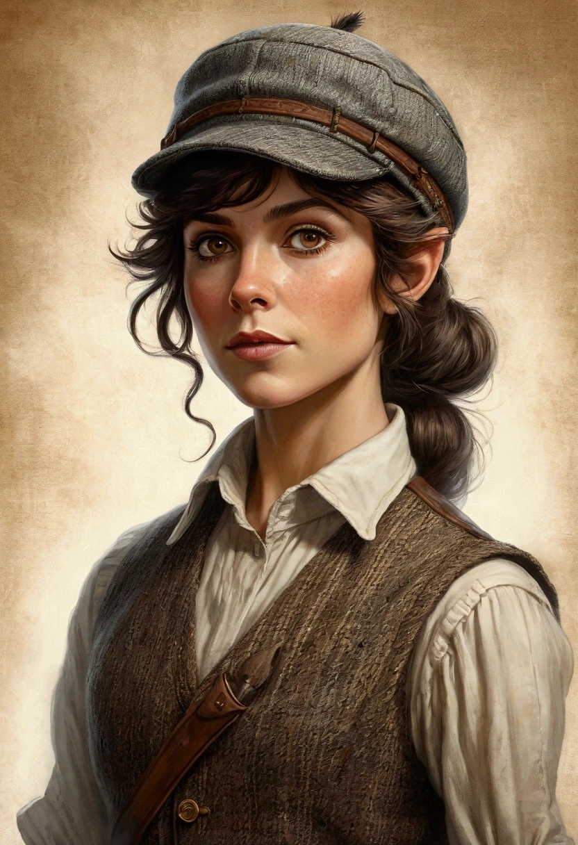 An illustrated movie poster, hand-drawn, full color, an elven maiden, wearing a tweed vest and a newsie cap, tall, toned, amazonian stature, athletic hourglass figure, long pointy elf ears, amber eyes, dark hair, shaggy bob cut, deep sun-tanned skintone, freckles, standing on a foggy Victorian-era street corner, graphite shading, stencil marks, airbrushed acrylic paint, masterpiece, in the style of Sherlock Holmes, elf ears
