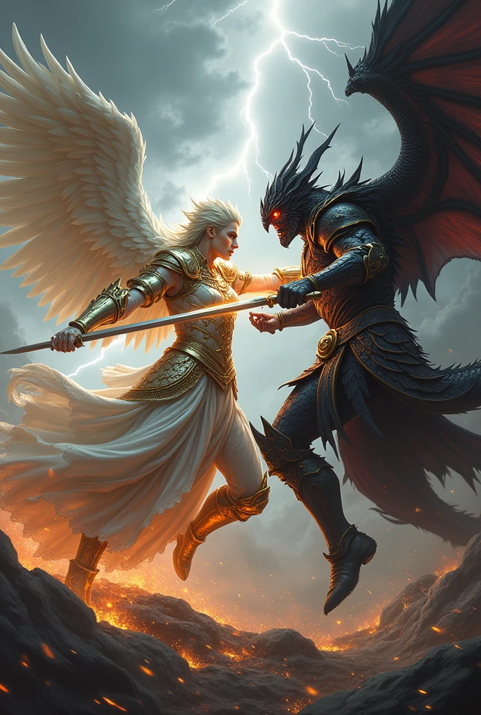 of a fight, of a heavenly warrior, in white armor with gold details and a long sword and angel wings. Against a dark human warrior, with dragon armor, with a long, sober sword, and with dragon wings on the back and red eyes: