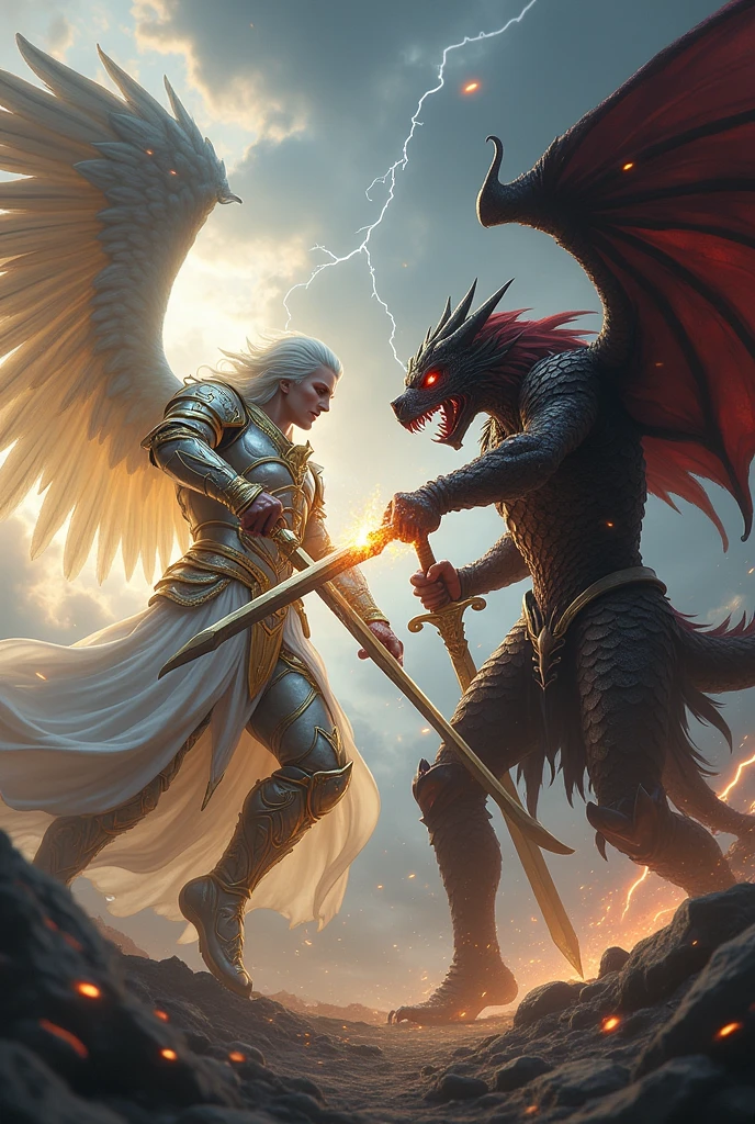 of a fight, of a heavenly warrior, in white armor with gold details and a long sword and angel wings. Against a dark human warrior, with dragon armor, with a long, sober sword, and with dragon wings on the back and red eyes: