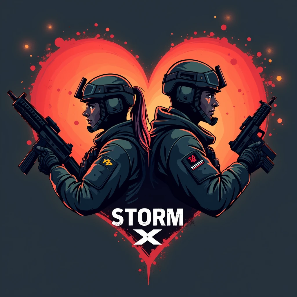 designe cartoonish heart pasteis for profile picture: male and female call of duty soldiers with weapons in hand and the logo written "STORM X" in the middle