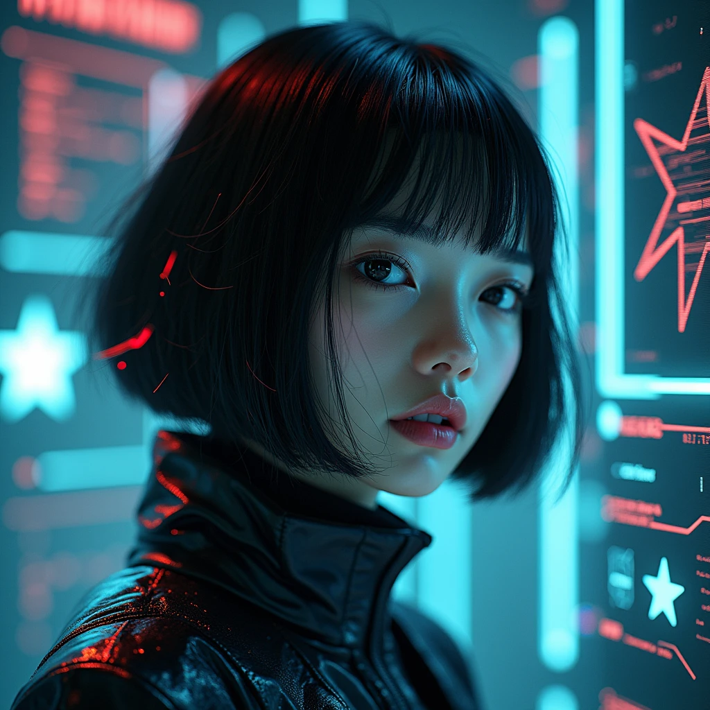Create an album cover that captures a futuristic, dystopian atmosphere. The image must show an attractive female figure, but clearly artificial, as if it had been created by artificial intelligence. Your expression is cold, almost without emotion, highlighting its non-human nature. She is surrounded by a digitalized environment, with glitch elements, circuits and neon lights. Ao fundo, a star shines brightly, symbolizing the narrator of the song. The color palette should include shades of electric blue, black and metallic gray, with touches of red to create a dramatic contrast. The song title should be displayed in a futuristic font, as if floating on the screen. this female figure needs to be asian, with light-toned black skin and wearing bob hair