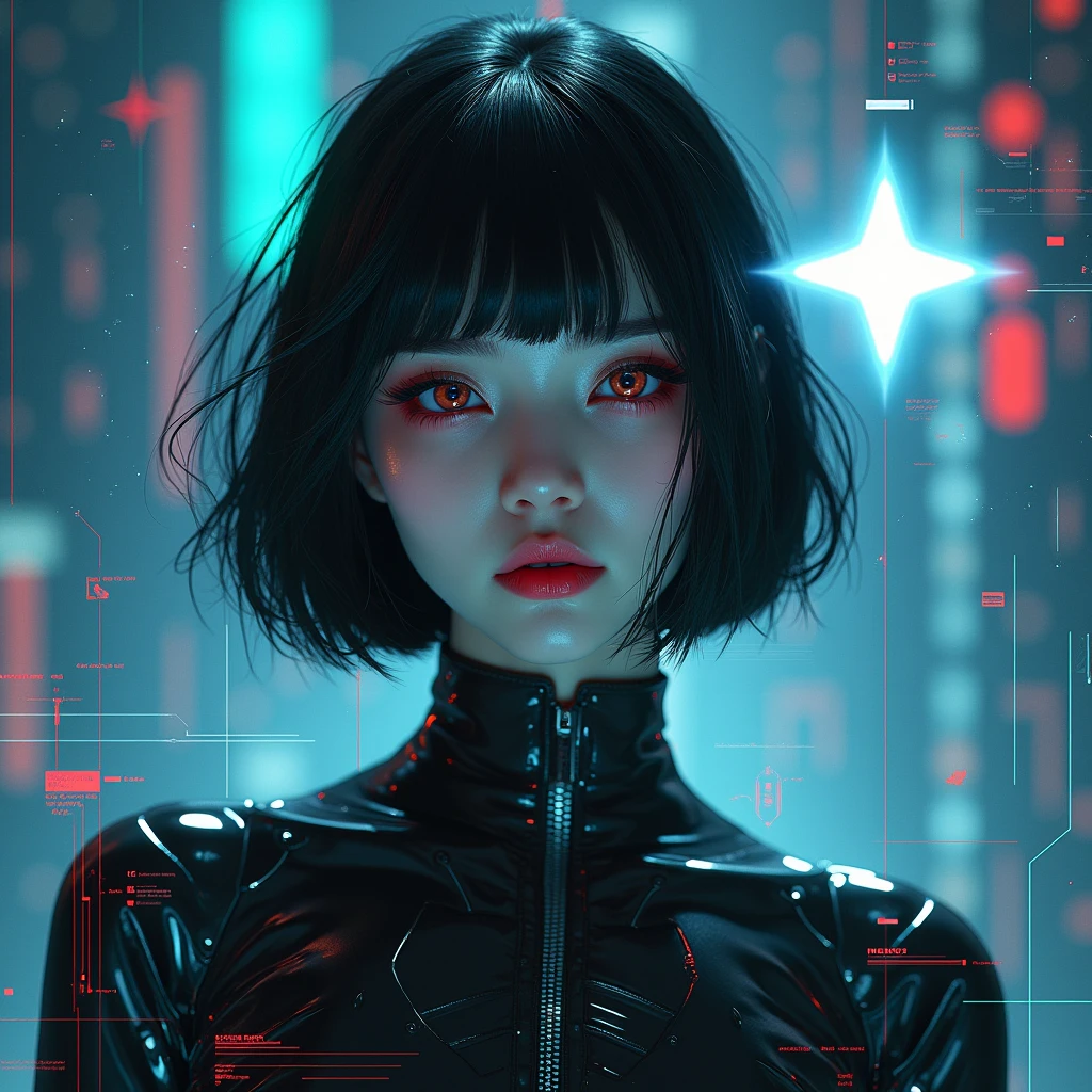 Create an album cover that captures a futuristic, dystopian atmosphere. The image must show an attractive female figure, but clearly artificial, as if it had been created by artificial intelligence. Your expression is cold, almost without emotion, highlighting its non-human nature. She is surrounded by a digitalized environment, with glitch elements, circuits and neon lights. Ao fundo, a star shines brightly, symbolizing the narrator of the song. The color palette should include shades of electric blue, black and metallic gray, with touches of red to create a dramatic contrast. The song title should be displayed in a futuristic font, as if floating on the screen. this female figure needs to be asian, with light-toned black skin and wearing bob hair