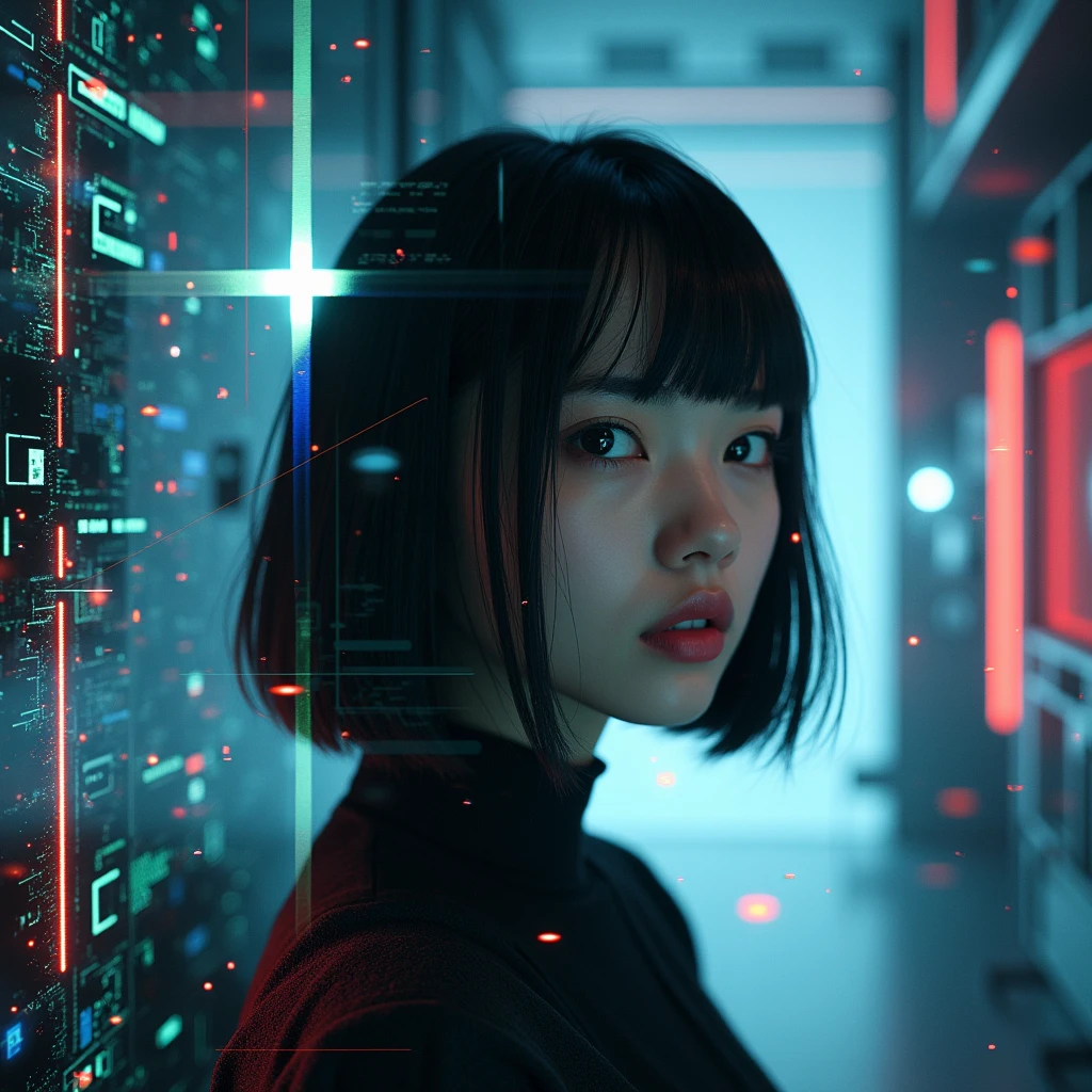 Create an album cover that captures a futuristic, dystopian atmosphere. The image must show an attractive female figure, but clearly artificial, as if it had been created by artificial intelligence. Your expression is cold, almost without emotion, highlighting its non-human nature. She is surrounded by a digitalized environment, with glitch elements, circuits and neon lights. Ao fundo, a star shines brightly, symbolizing the narrator of the song. The color palette should include shades of electric blue, black and metallic gray, with touches of red to create a dramatic contrast. The song title should be displayed in a futuristic font, as if floating on the screen. this female figure needs to be asian, with light-toned black skin and wearing bob hair