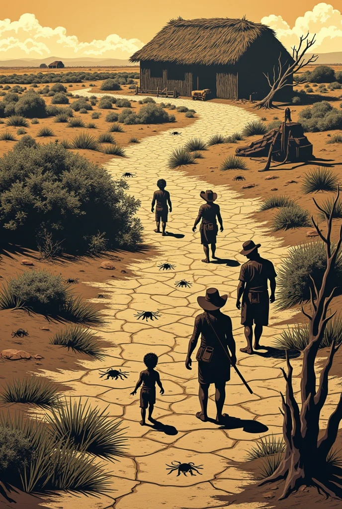 Create a series of seven detailed woodcut-style illustrations, representing the biblical plagues of Egypt, reimagined in the context of the Brazilian hinterland. The scenes must mix the arid and harsh environment of the backlands with traditional elements of the biblical plagues., SOM:
1. **Water turned to blood**: Show a dry riverbed in the backlands, with the little remaining water turned into blood.
2. **Frogs**: Draw frogs invading a small rustic village, covering the cacti and the mud houses.
3. **Lice**: Illustrate an infestation of lice in the hair of a backwoods resident, with dry, cracked soil in the background.
4. **flies**: Show a plague of flies covering everything in a typical backlands landscape, from livestock to crops.
5. **Diseases in animals**: Draw thin and sick cattle lying on the cracked ground, with vultures circling above.
6. **Ulcers**: Illustrious residents of the backlands suffering from painful ulcers, against the arid backdrop of the backlands.
7. **hail storm**: Show a hailstorm destroying the backlands, damaging the few remaining crops and houses.
Each illustration must be done in the traditional woodcut style., emphasizing strong contrasts, detailed textures and the roughness of the backlands landscape.