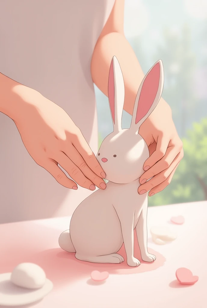Draw some hands making a bunny sculpture(2D drawing type GHIBLI study and with pink colors)
