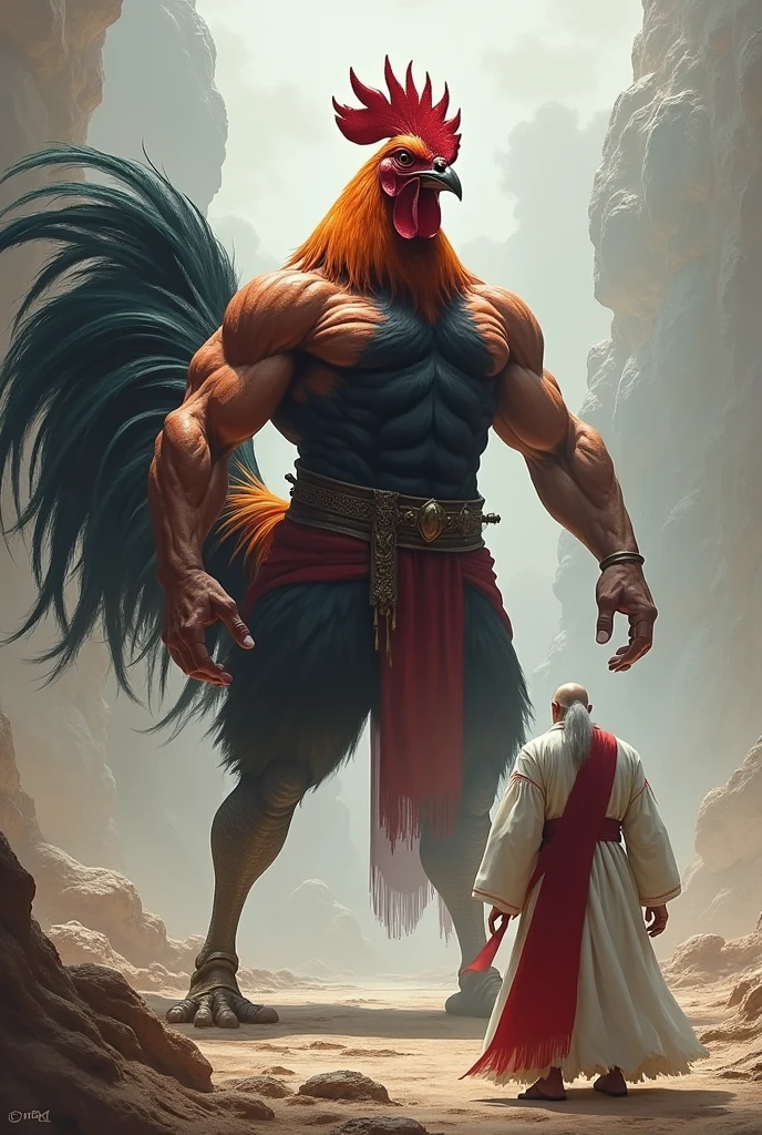 a strong and imposing avenging rooster standing in the position of a muscular human facing an old man with white hair wearing white clothing with red details without symbols.