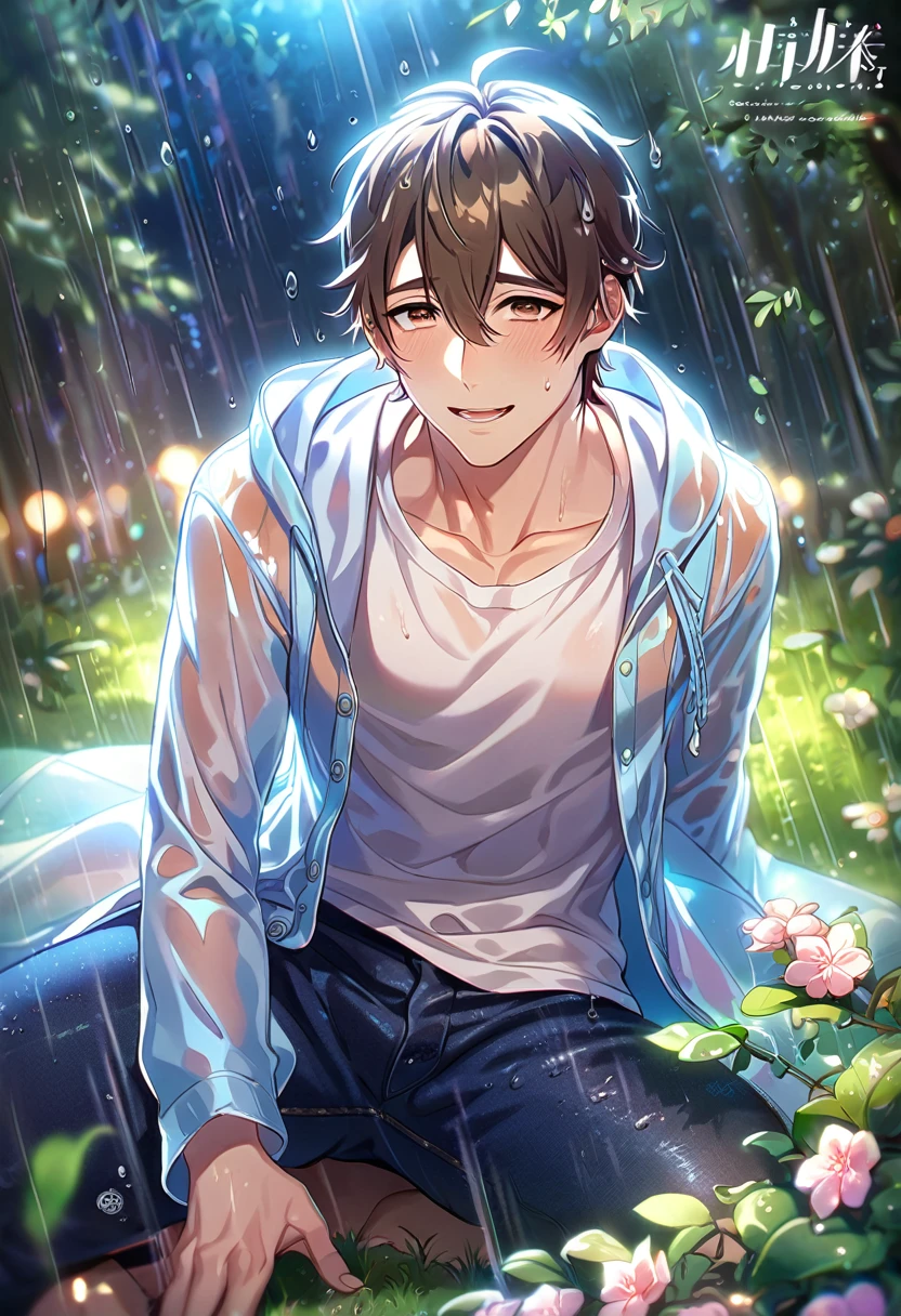 absurdres, highres, ultra detailed, HDR, master piece, best quality, extremely detailed, detailed eyes, detailed face, Eiden, brown hair, expressive brown eyes, Nu Carnival, solo, sexy man sitting, handsome, horny, lewd, wet, light-blue transparent rain coat, transparent white shirt, transparent blue jeans, spring, flowers, green leaves, magical forest, dark fantasy, rain, night