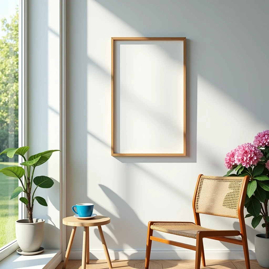 A hyper-realistic HDR scene of a bright and airy interior space with vibrant, vivid colors and a cheerful atmosphere. The focus is on a single vertical DIN A frame with a blank canvas (no design) and a natural wooden border, hanging on a light gray wall. The room is filled with crisp, clear colors – from the lush, green garden visible through open glass doors to the bright blue coffee cup resting on a wooden chair with a woven seat. Below the frame, the chair adds warmth with its natural wood tones. A small wooden table nearby holds a potted plant with blooming hydrangeas in rich, vibrant hues. The scene is bathed in natural light, creating a joyful and inviting environment that highlights the blank frame in this lively home decor setting