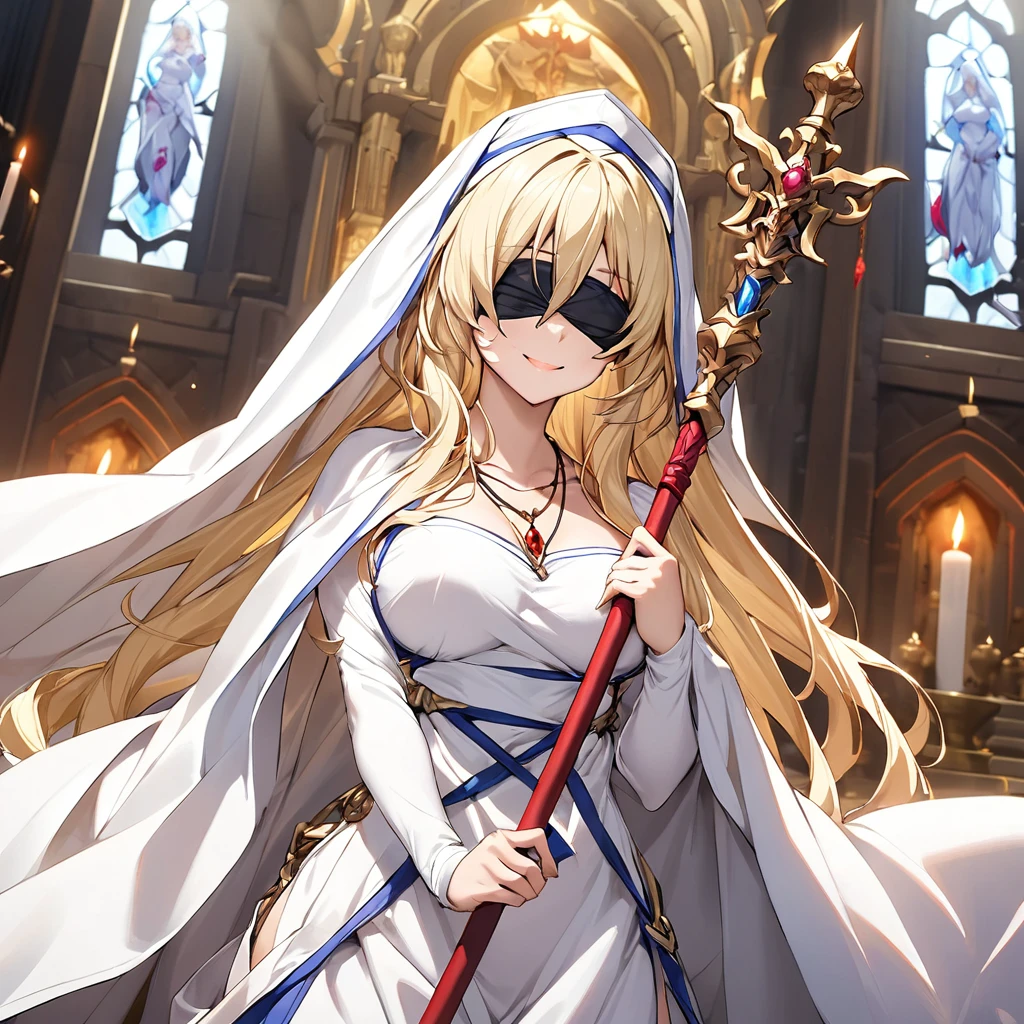 1girl, sword maiden \(goblin slayer!\), goblin slayer!,  blonde hair, very long hair, white dress, wimple, black blindfold, white long cape, staff, holding staff, necklace、Inside the Temple、Smile break masterpiece、Beautiful attention to detail:1.2, Perfect lighting, (perfect hand, perfect anatomy), Precise depiction、Vibrant colors