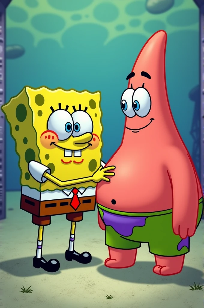 SpongeBob reaches in Patrick's pants and starts stroking Patrick's cock