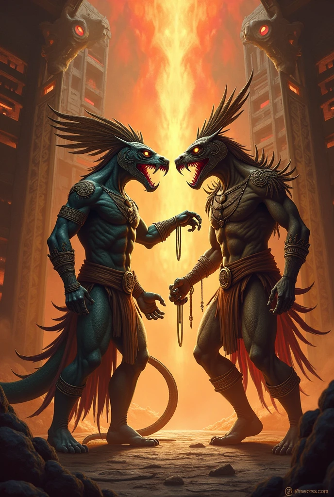 Crie um deus com cabeça de cobra no inferno Aztec, em um duelo contra um deus Aztec maligno em roupas tradicionais feitas de terra e ossos
Estilo de pintura de parede, 2d art, Aztec, Terror, mythology artwork