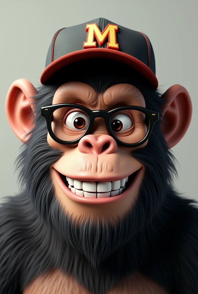 Ape head with glasses and a baseball cap with the letter M and smiling, black and hairy