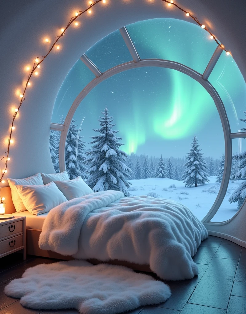 A panoramic view of a cozy bedroom inside a glass-walled igloo, set in a snowy winter landscape. The room features a luxurious, white faux-fur blanket draped over a round bed, with soft, twinkling fairy lights hanging above. Snowflakes gently fall outside, creating a serene, magical atmosphere. The northern lights dance across the sky, casting a gentle glow into the room. A soft white rug covers the floor, adding warmth.