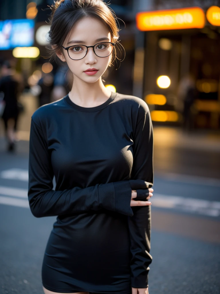 Photo of a beautiful woman standing on a street corner, (masterpiece:1.2, highest quality), (Realistic, photoRealistic:1.4), Beautiful illustrations, (Natural Side Lighting, Cinema Lighting), Written boundary depth, Beautiful thighs staring at the viewer, (((Face Focus, Upper Body))), 1 female, 30-year-old, alone, thin, slender, small breasts!!!, short hair, straight hair, Forehead, thin, slender, (((glasses))), long sleeve T-shirt, Skinny skirt, Are standing, New York 25th Street, portrait