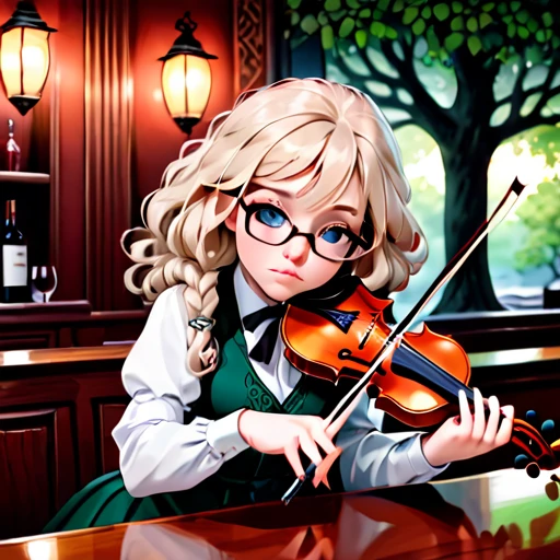 psychedelic work of art,absurd resolution,8k,1 halfling mysterious girl,hair blonde,freckles,Celtic clothing,glad,beautiful hands,at the bar,violin, tree, adventurous, exploring with cute capybara
dark glasses