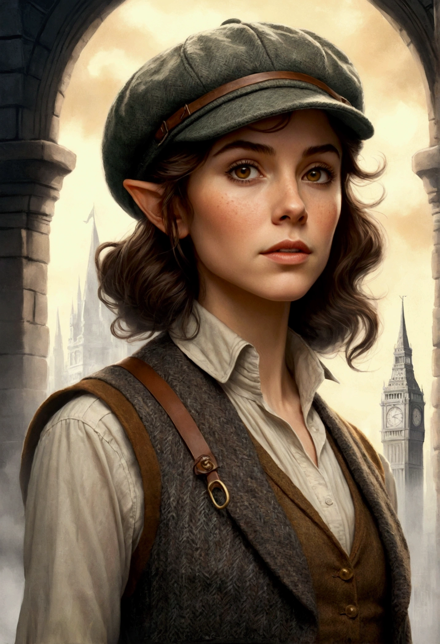 An illustrated movie poster, hand-drawn, full color, an elven maiden, wearing a tweed vest and a newsie cap, tall, toned, amazonian stature, athletic hourglass figure, long pointy elf ears, amber eyes, dark hair, shaggy bob cut, deep sun-tanned skintone, freckles, standing on a foggy Victorian-era street corner, graphite shading, stencil marks, airbrushed acrylic paint, masterpiece, in the style of Sherlock Holmes, elf ears