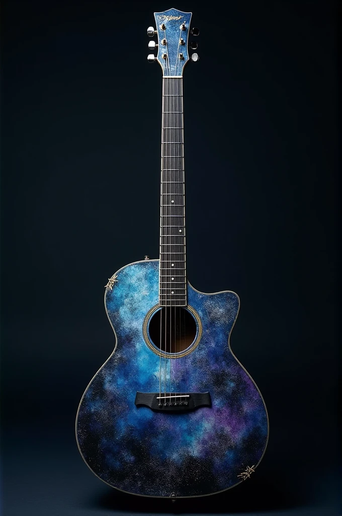 An electro-acoustic guitar with a front painting in shades of dark blue, purple and black