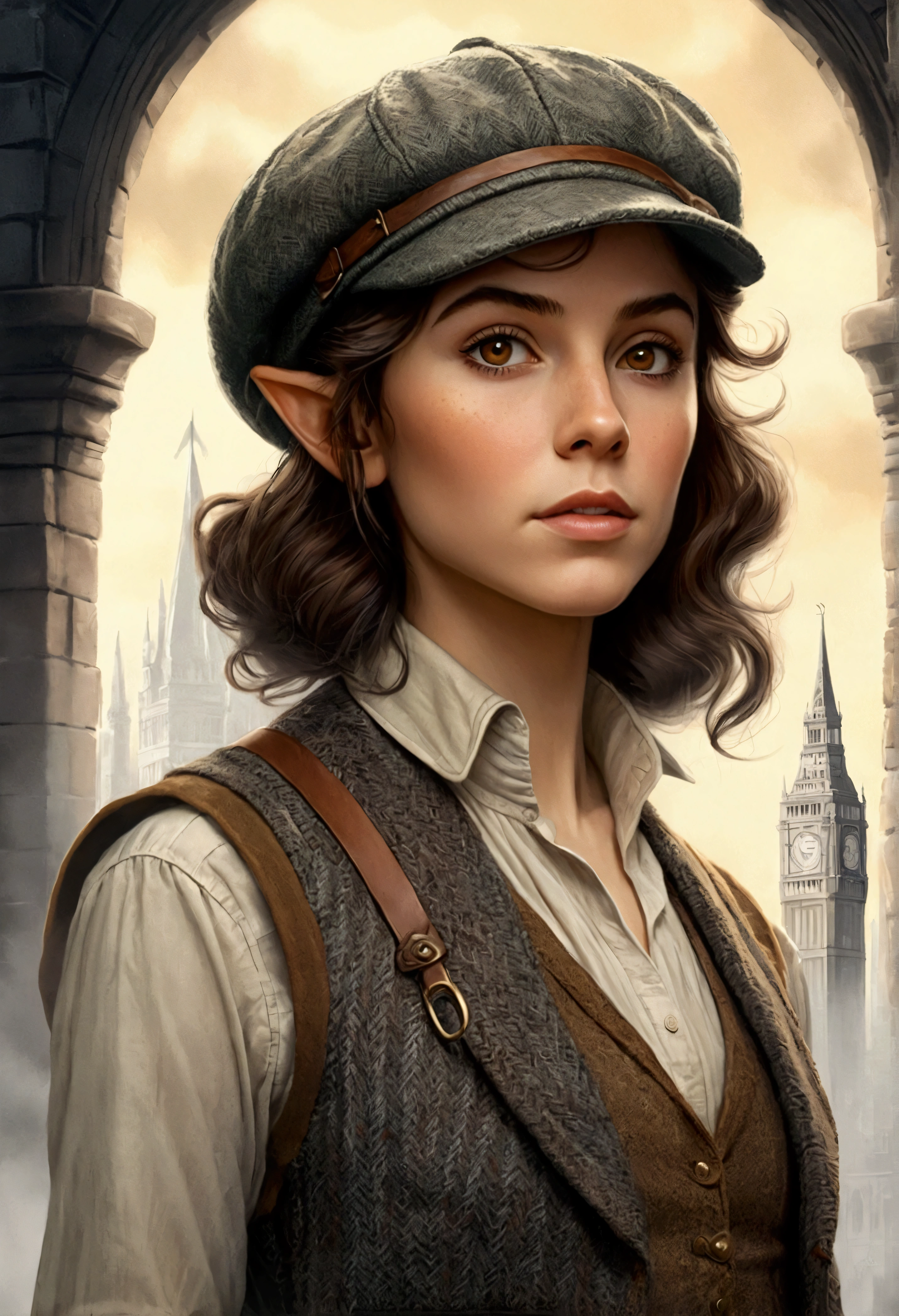 An illustrated movie poster, hand-drawn, full color, an elven maiden, wearing a tweed vest and a newsie cap, tall, toned, amazonian stature, athletic hourglass figure, long pointy elf ears, amber eyes, dark hair, shaggy bob cut, deep sun-tanned skintone, freckles, standing on a foggy Victorian-era street corner, graphite shading, stencil marks, airbrushed acrylic paint, masterpiece, in the style of Sherlock Holmes, elf ears