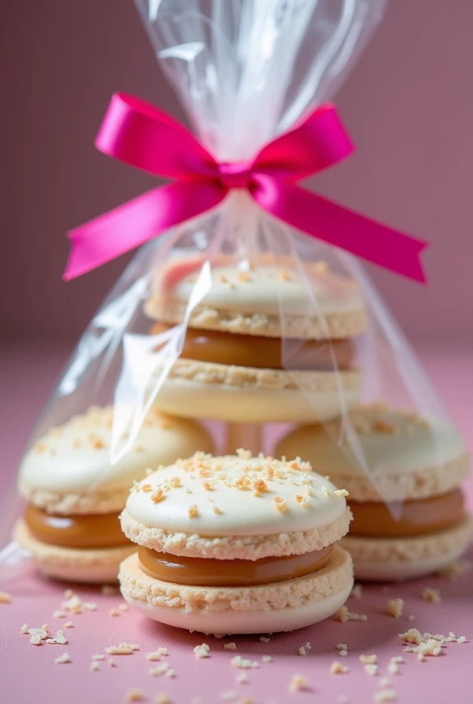 White cornstarch alfajores filled with arequipe and grated coconut placed in a transparent bag with a pink ribbon tied around it.