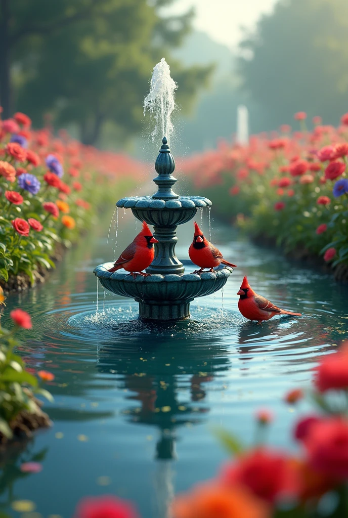 Water fountain with blue and red cardinal birds bathing in the background of a flower field