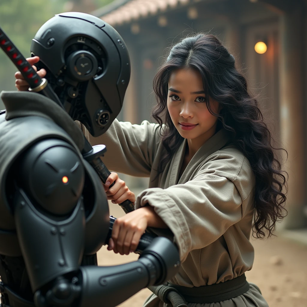 realistic photo of a (pretty girl, 20 years old, brunette, black eyes) fighting with a katana against a ninja robot , (full lips) , ((perfect face)), [[mild smile]], proportionate body,mixed herritage, beautyfull, beautyfull face, tanned skin, two arms, two legs, five fingers by hand, full body, (softly curly black long hair), martial artts female hero fighting against a robot foe, confortable martial artist clothes, western girl brandishing a sword
