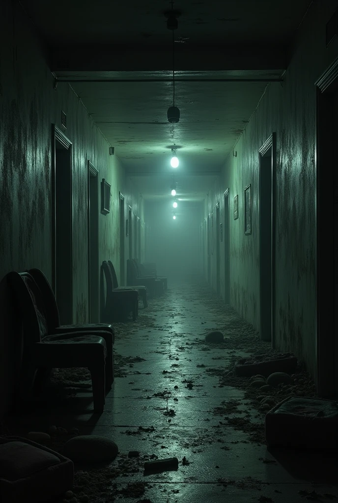A dark hallway inside the shelter. Show worn out walls, Cobwebs and abandoned objects such as broken chairs and tables.