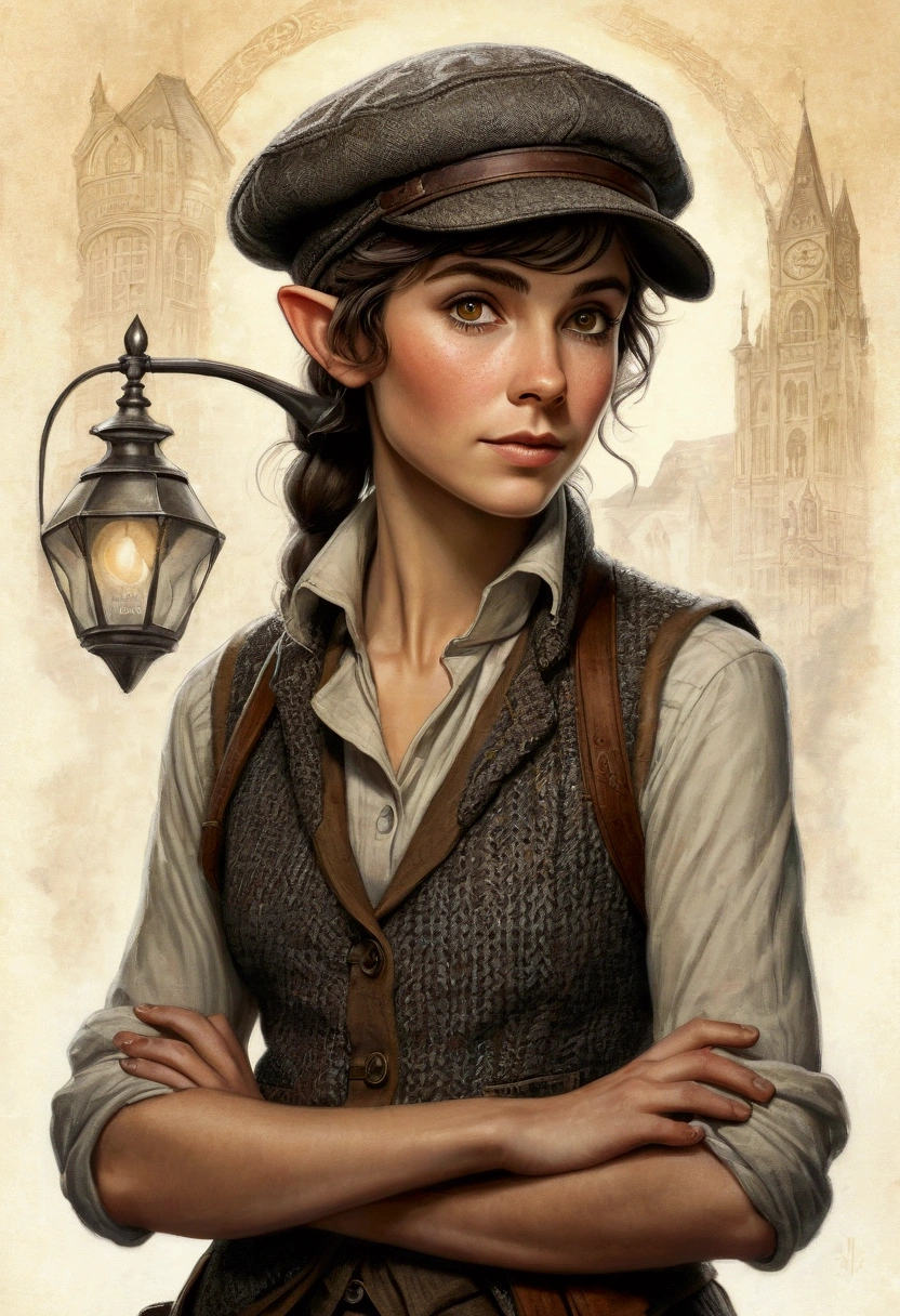 An illustrated movie poster, hand-drawn, full color, an elven maiden, wearing a tweed vest and a newsie cap, tall, toned, amazonian stature, athletic hourglass figure, long pointy elf ears, amber eyes, dark hair, shaggy bob cut, deep sun-tanned skintone, freckles, standing on a foggy Victorian-era street corner, graphite shading, stencil marks, airbrushed acrylic paint, masterpiece, in the style of Sherlock Holmes, elf ears