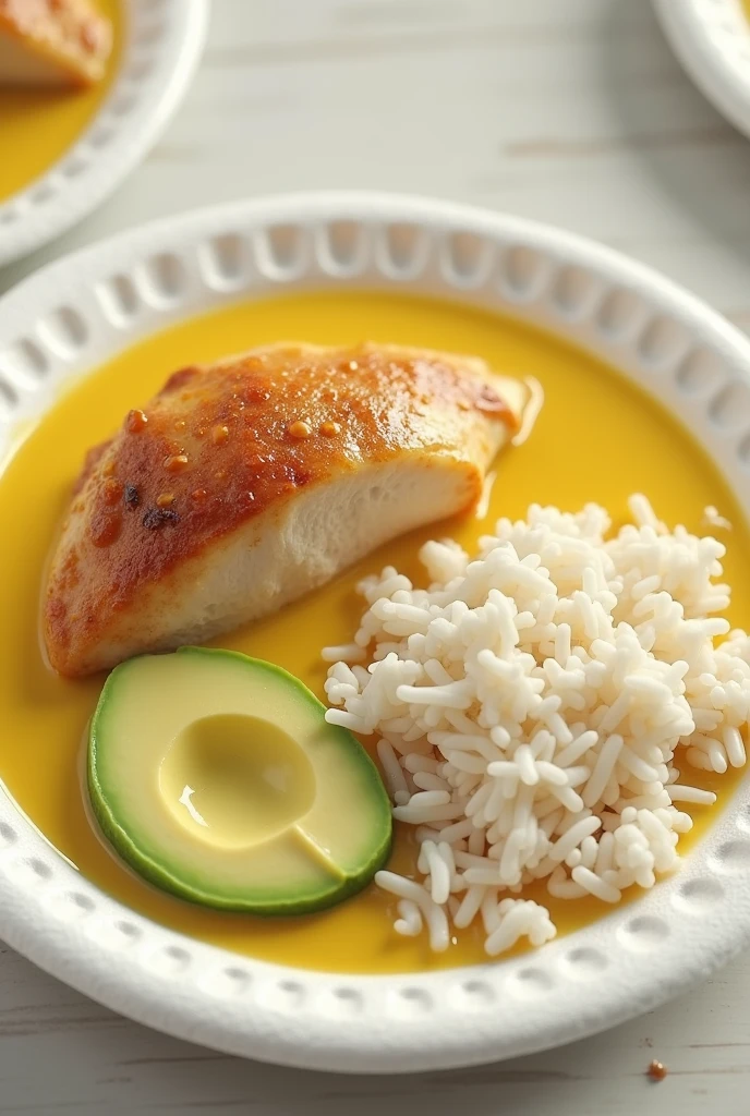(photorealism:1.2), Improve image white styrofoam plate with yellow soup with a portion of chicken on top of the soup , Next to it a separate styrofoam plate with rice and a portion of avocado. The two plates are left next to each other..