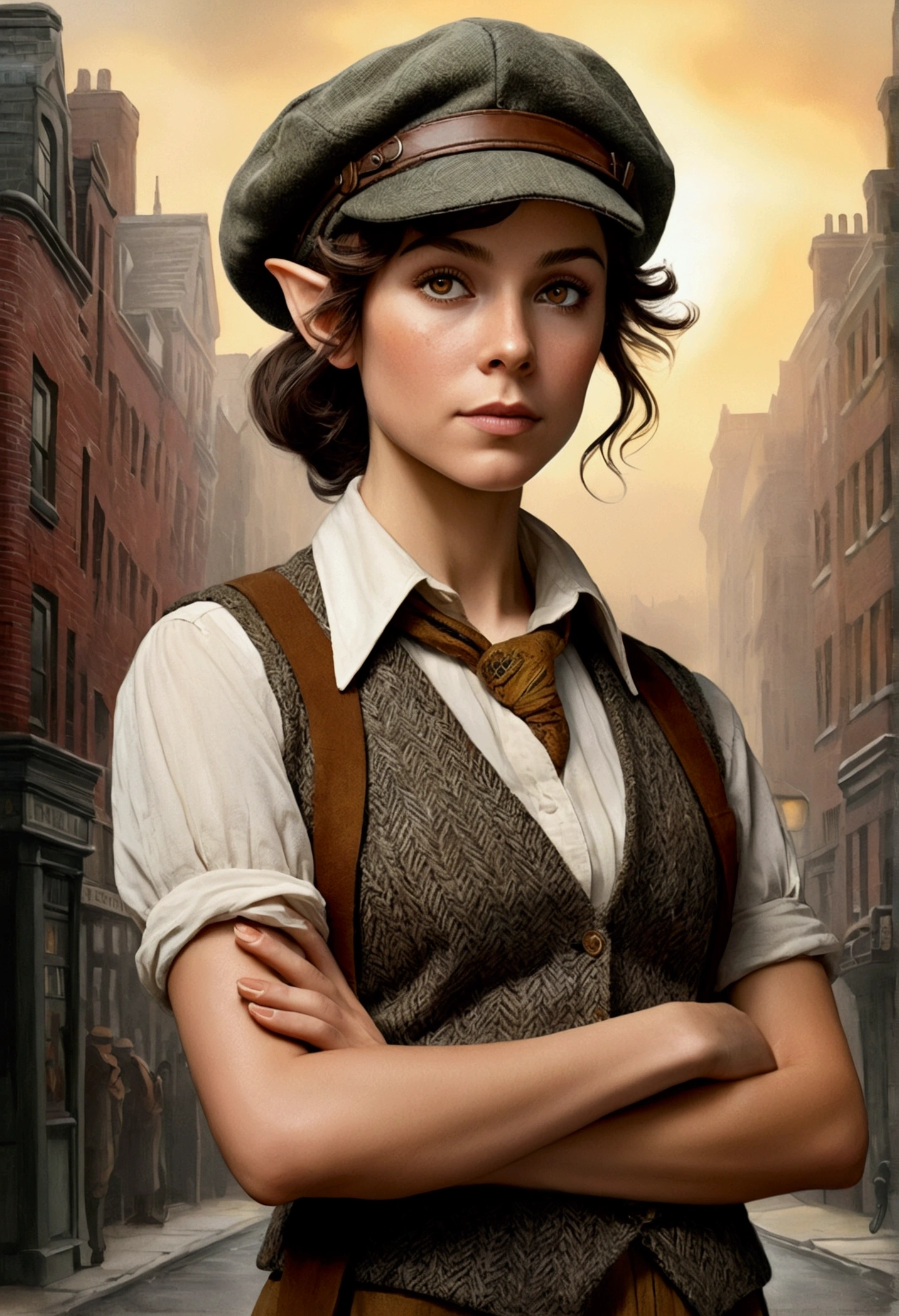 An illustrated movie poster, hand-drawn, full color, an elven maiden, wearing a tweed vest and a newsie cap, tall, toned, amazonian stature, athletic hourglass figure, long pointy elf ears, amber eyes, dark hair, shaggy bob cut, deep sun-tanned skintone, freckles, standing on a foggy Victorian-era street corner, graphite shading, stencil marks, airbrushed acrylic paint, masterpiece, in the style of Sherlock Holmes, elf ears