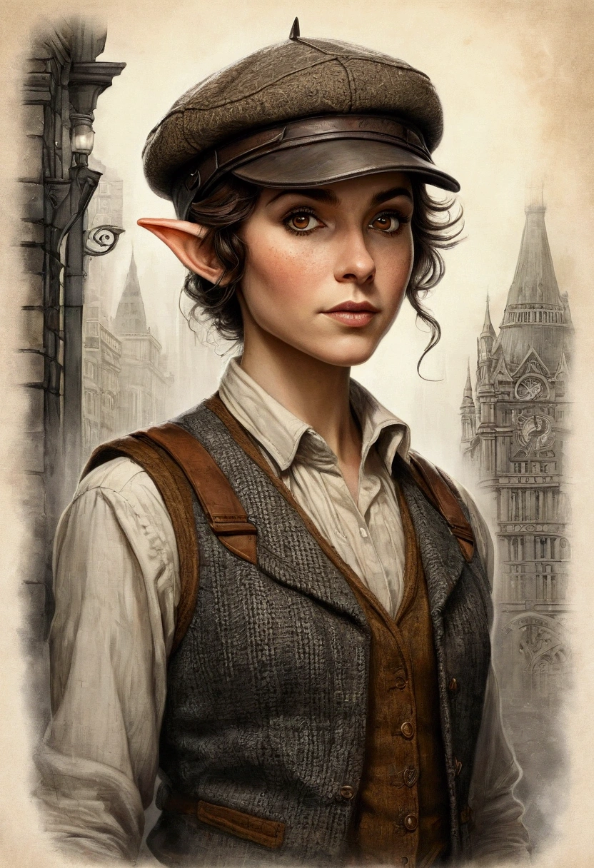 An illustrated movie poster, hand-drawn, full color, an elven maiden, wearing a tweed vest and a newsie cap, tall, toned, amazonian stature, athletic hourglass figure, long pointy elf ears, amber eyes, dark hair, shaggy bob cut, deep sun-tanned skintone, freckles, standing on a foggy Victorian-era street corner, graphite shading, stencil marks, airbrushed acrylic paint, masterpiece, in the style of Sherlock Holmes, elf ears