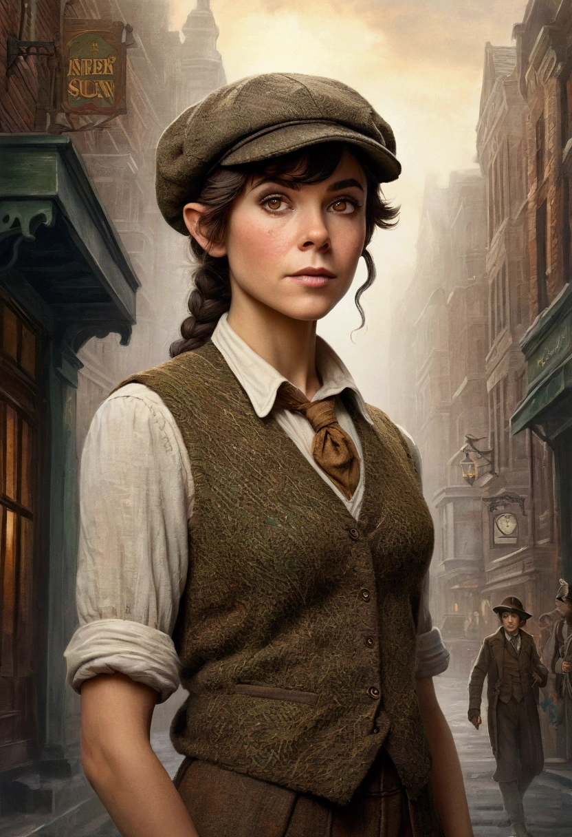 An illustrated movie poster, hand-drawn, full color, an elven maiden, wearing a tweed vest and a newsie cap, tall, toned, amazonian stature, athletic hourglass figure, long pointy elf ears, amber eyes, dark hair, shaggy bob cut, deep sun-tanned skintone, freckles, standing on a foggy Victorian-era street corner, graphite shading, stencil marks, airbrushed acrylic paint, masterpiece, in the style of Sherlock Holmes, elf ears