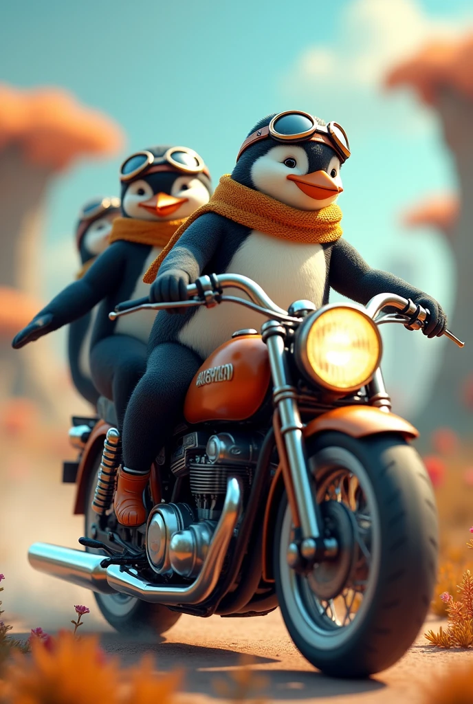 Los pingüinos de maladacar con una moto 🏍️ en frente
