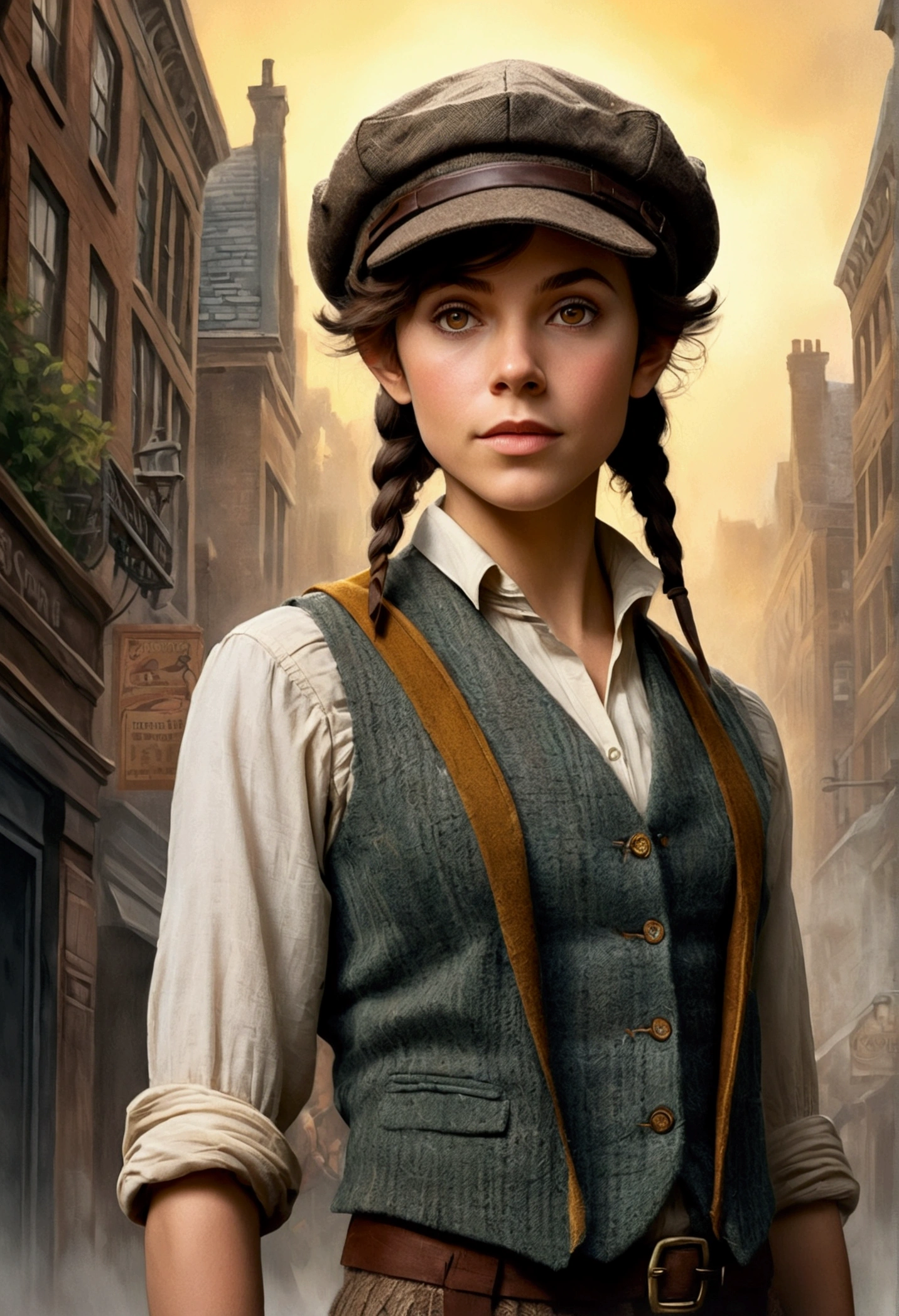 An illustrated movie poster, hand-drawn, full color, an elven maiden, wearing a tweed vest and a newsie cap, tall, toned, amazonian stature, athletic hourglass figure, long pointy elf ears, amber eyes, dark hair, shaggy bob cut, deep sun-tanned skintone, freckles, standing on a foggy Victorian-era street corner, graphite shading, stencil marks, airbrushed acrylic paint, masterpiece, in the style of Sherlock Holmes, elf ears