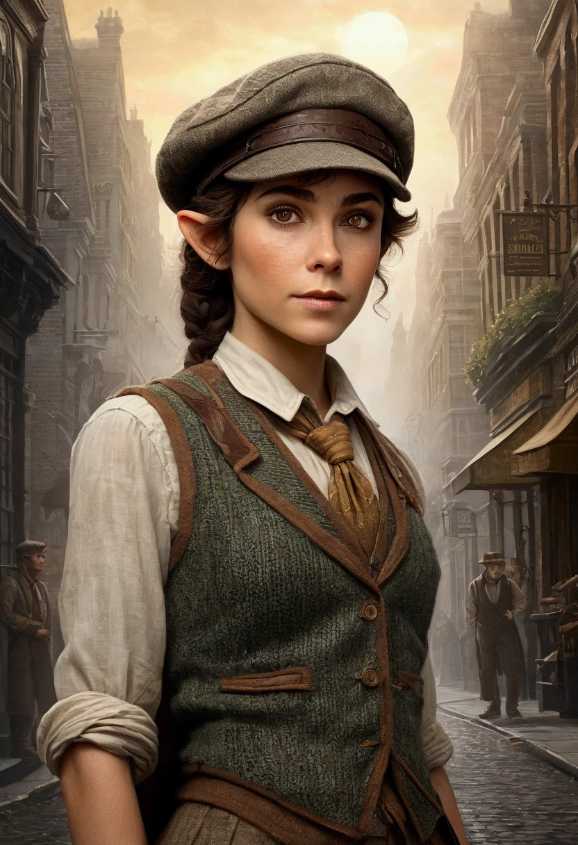 An illustrated movie poster, hand-drawn, full color, an elven maiden, wearing a tweed vest and a newsie cap, tall, toned, amazonian stature, athletic hourglass figure, long pointy elf ears, amber eyes, dark hair, shaggy bob cut, deep sun-tanned skintone, freckles, standing on a foggy Victorian-era street corner, graphite shading, stencil marks, airbrushed acrylic paint, masterpiece, in the style of Sherlock Holmes, elf ears